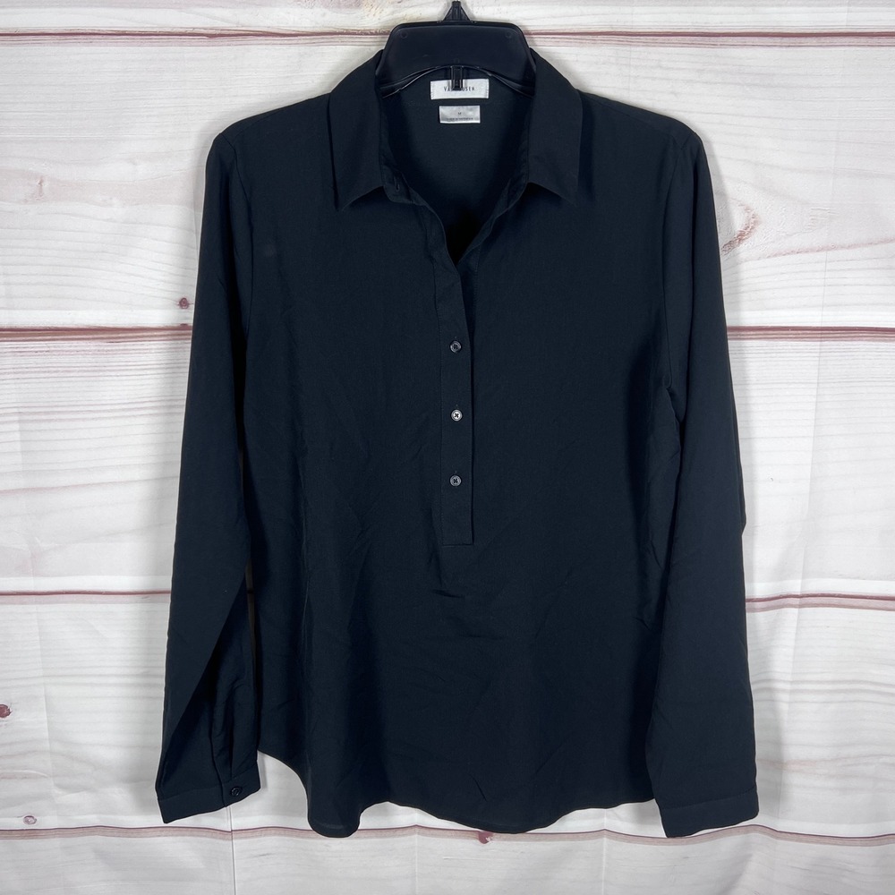 Van Heusen Blouse Womens Medium Black Henley Pullover Long Sleeve Woven Office
